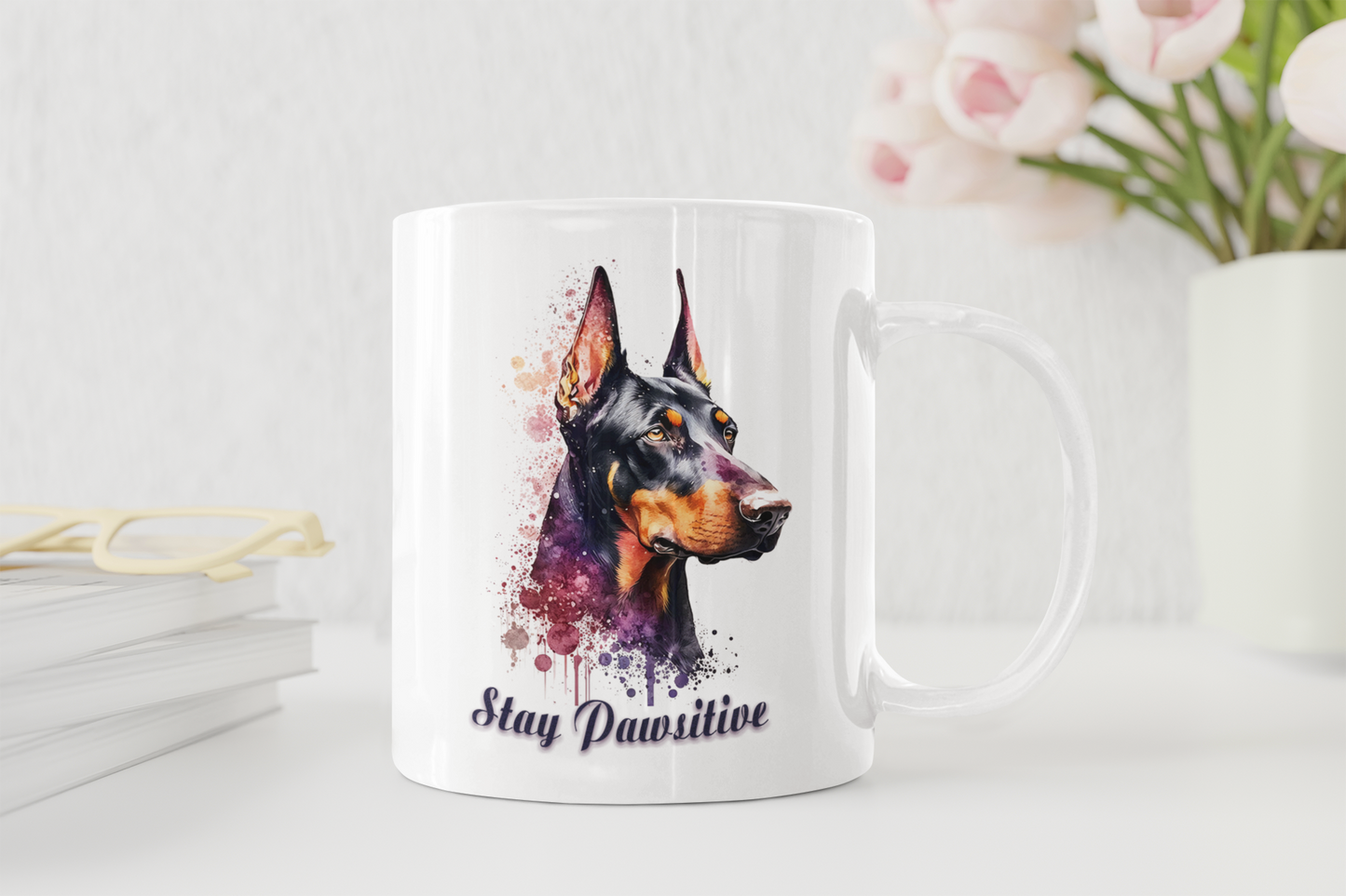 Stay Pawsitive Dog Mug – Doberman Coffee Cup Gift