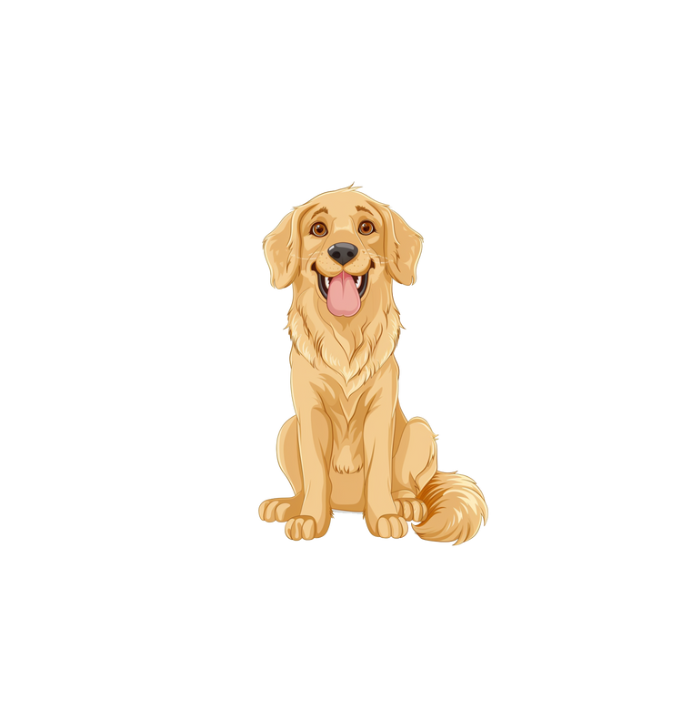 Cartoon Golden Retriever sitting with soft yellow fur on white background